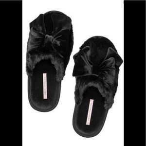 NWT VS Black Satin Bow Slippers